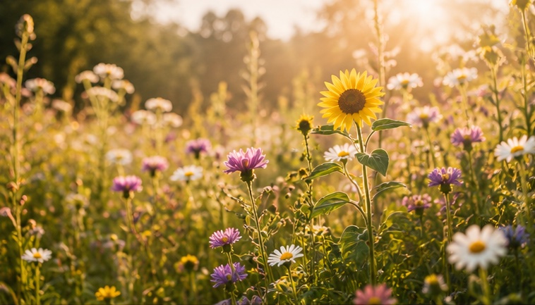 Wildflowers growing in warm sunlight